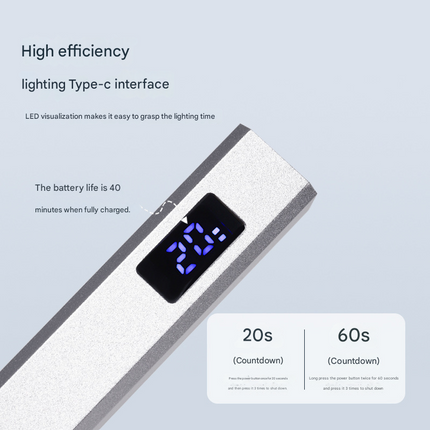 Silver Handheld UV LED Nail Curing Pen - Portable USB-C Rechargeable Light for Fast-Drying Gel Polish & Nail Art.