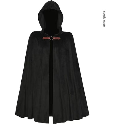 Black Shadow Wanderer Hooded Cape - Premium Velvet Robe for Jedi, Wizard & Medieval Cosplay.