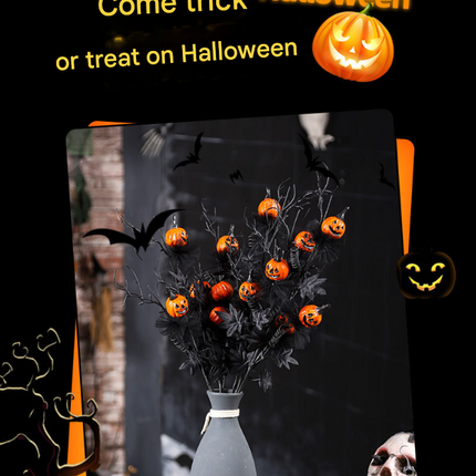 Halloween Black Twig & Pumpkin Stems (2-Pack) - Artificial Floral Picks for Spooky Arrangements.