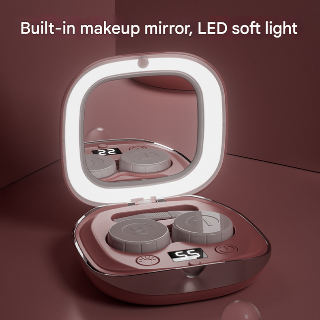 Pink Portable Ultrasonic Contact Lens Cleaner - Automatic Electric Cleaning Case with LED Makeup Mirror, USB Rechargeable for Travel & Home.