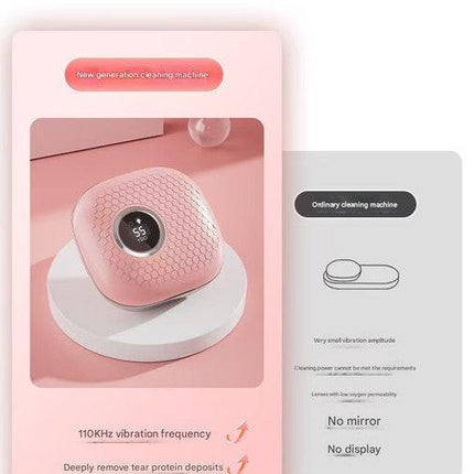 Pink Portable Ultrasonic Contact Lens Cleaner - Automatic Electric Cleaning Case with LED Makeup Mirror, USB Rechargeable for Travel & Home.