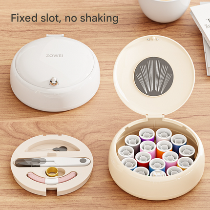 White Modern Portable Sewing Kit - All-in-One Compact Organizer with Magnetic Pin Cushion for Home & Travel.