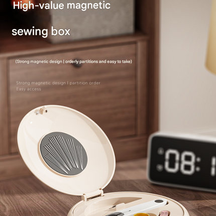 White Modern Portable Sewing Kit - All-in-One Compact Organizer with Magnetic Pin Cushion for Home & Travel.