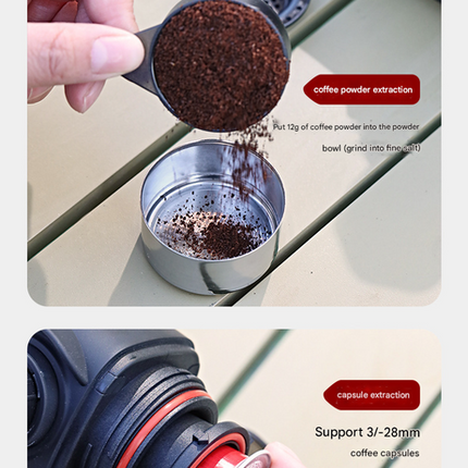 Black Portable Hand Press Espresso Machine - Compatible with Espresso Capsules and Ground Coffee for Home, Travel, and Outdoor Use.