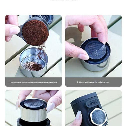 Black Portable Hand Press Espresso Machine - Compatible with Espresso Capsules and Ground Coffee for Home, Travel, and Outdoor Use.