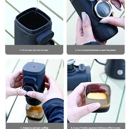 Black Portable Hand Press Espresso Machine - Compatible with Espresso Capsules and Ground Coffee for Home, Travel, and Outdoor Use.