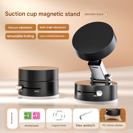Black Multi-Functional Vacuum Suction Cup Stand - Foldable, Extendable Kitchen Lazy Person's Dual-Sided Magnetic Phone Holder.