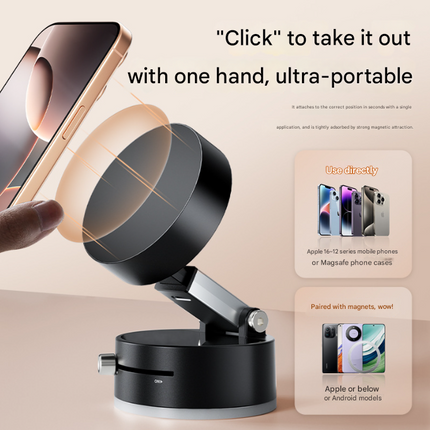 Black Multi-Functional Vacuum Suction Cup Stand - Foldable, Extendable Kitchen Lazy Person's Dual-Sided Magnetic Phone Holder.