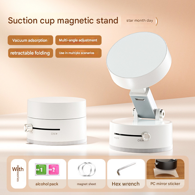 White Multi-Functional Vacuum Suction Cup Stand - Foldable, Extendable Kitchen Lazy Person's Dual-Sided Magnetic Phone Holder.