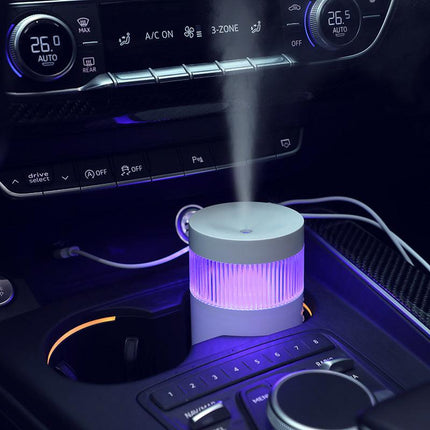 2-Piece Grey Mini Desktop Humidifier - Portable Mist Maker for Home and Car Use.