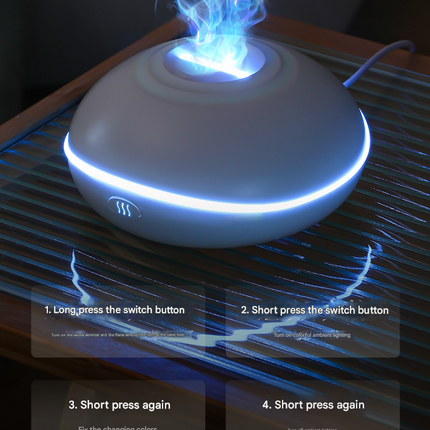 White Mini USB Aromatherapy Diffuser with Flame Projection - Portable Humidifier for Home and Car Use.