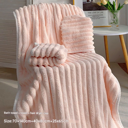 Pink Plush Ribbed Coral Fleece 3-Piece Towel Set - Ultra Soft & Absorbent Bath, Hand Towel and Hair Wrap.