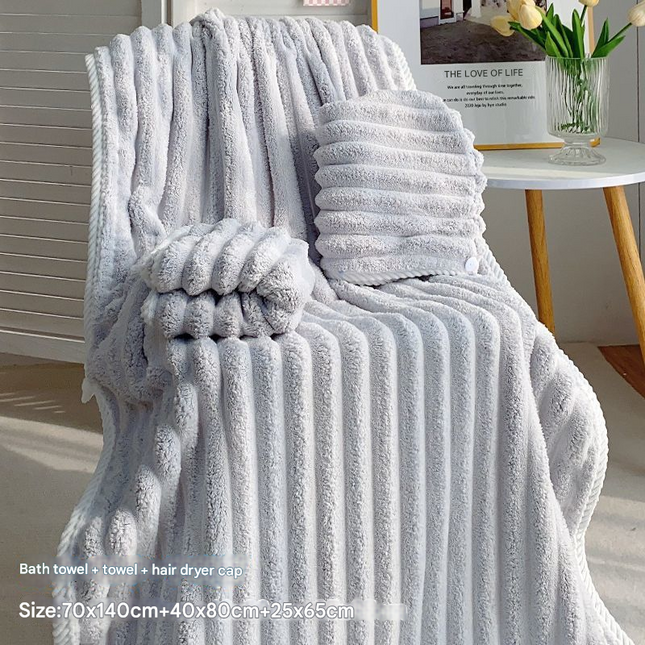 Grey Plush Ribbed Coral Fleece 3-Piece Towel Set - Ultra Soft & Absorbent Bath, Hand Towel and Hair Wrap.