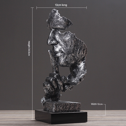 Silver Modern 'Silence is Golden' Abstract Sculpture - Nordic Resin Art Statue for Office & Living Room Decor.