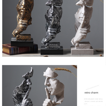 Silver Modern 'Silence is Golden' Abstract Sculpture - Nordic Resin Art Statue for Office & Living Room Decor.