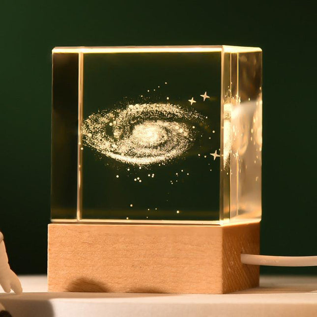 Milky Way Luminous 3D Crystal Cube Night Light - Laser Engraved Artwork with Solid Wood Base.