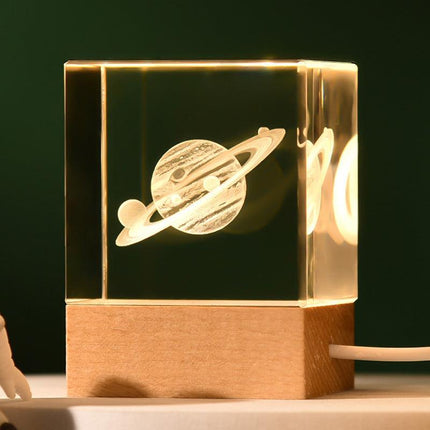 Saturn Luminous 3D Crystal Cube Night Light - Laser Engraved Artwork with Solid Wood Base.