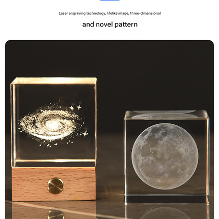 Saturn Luminous 3D Crystal Cube Night Light - Laser Engraved Artwork with Solid Wood Base.