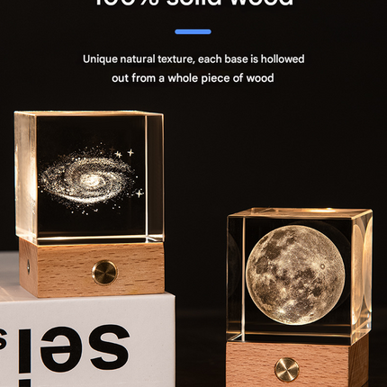 Saturn Luminous 3D Crystal Cube Night Light - Laser Engraved Artwork with Solid Wood Base.