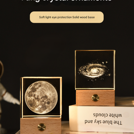 Saturn Luminous 3D Crystal Cube Night Light - Laser Engraved Artwork with Solid Wood Base.