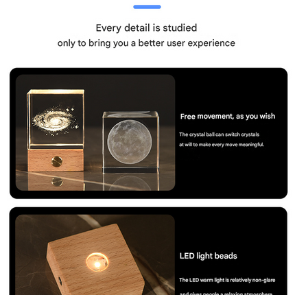Saturn Luminous 3D Crystal Cube Night Light - Laser Engraved Artwork with Solid Wood Base.