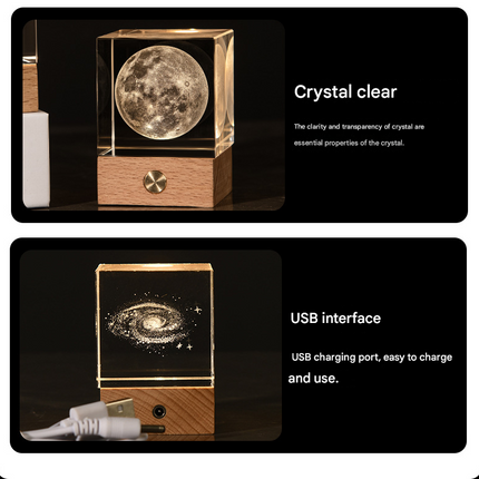 Saturn Luminous 3D Crystal Cube Night Light - Laser Engraved Artwork with Solid Wood Base.