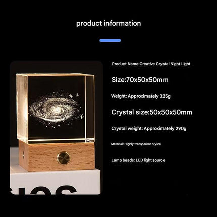 Saturn Luminous 3D Crystal Cube Night Light - Laser Engraved Artwork with Solid Wood Base.