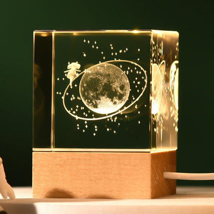 Stroll through the starry sky Luminous 3D Crystal Cube Night Light - Laser Engraved Artwork with Solid Wood Base.