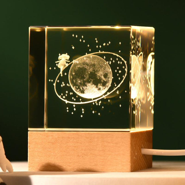 Stroll through the starry sky Luminous 3D Crystal Cube Night Light - Laser Engraved Artwork with Solid Wood Base.