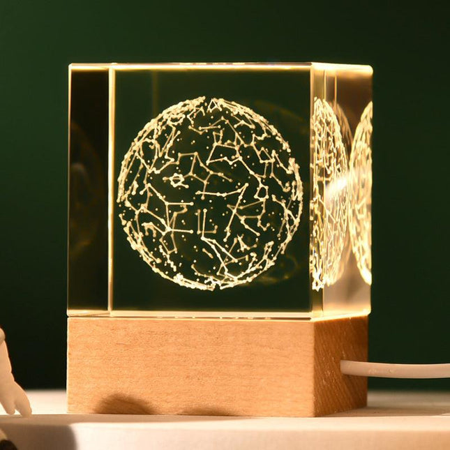 Constellation Luminous 3D Crystal Cube Night Light - Laser Engraved Artwork with Solid Wood Base.