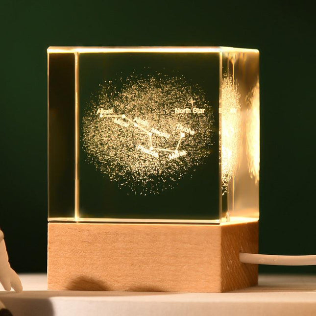 The Big Dipper Luminous 3D Crystal Cube Night Light - Laser Engraved Artwork with Solid Wood Base.
