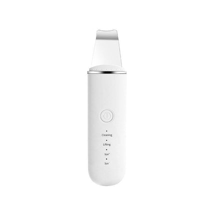 White Professional Ultrasonic Skin Scrubber - 4-in-1 Facial Spatula for Deep Cleaning, Blackhead Removal, and EMS Lifting.