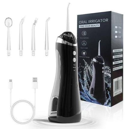 Black Cordless Water Flosser & Oral Irrigator - Portable Teeth Cleaner with 3 Modes & 4 Jet Tips.
