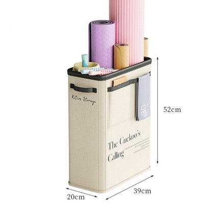Beige Premium Fabric Yoga Mat Storage Basket - Slim & Foldable Organizer for Home Gym Equipment.