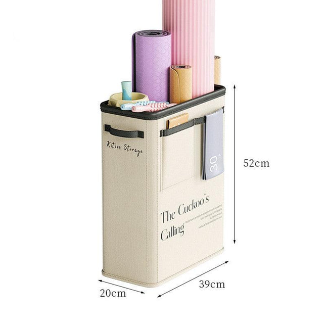 Beige Premium Fabric Yoga Mat Storage Basket - Slim & Foldable Organizer for Home Gym Equipment.