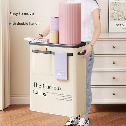 Beige Premium Fabric Yoga Mat Storage Basket - Slim & Foldable Organizer for Home Gym Equipment.