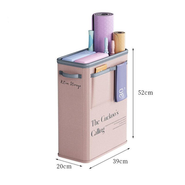 Pink Premium Fabric Yoga Mat Storage Basket - Slim & Foldable Organizer for Home Gym Equipment.