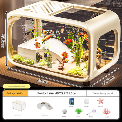 Cream color Modern Desktop Aquarium & Turtle Tank - Panoramic Viewing Fish Tank with Basking Platform & Lid.