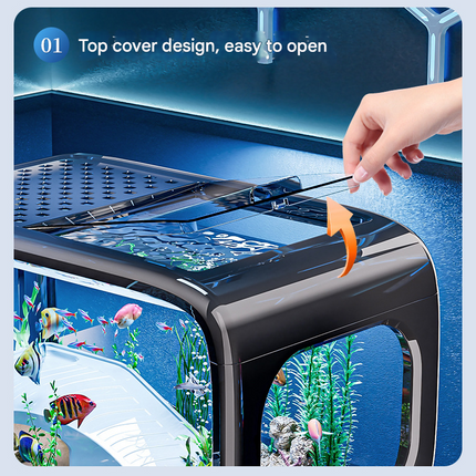 Cream color Modern Desktop Aquarium & Turtle Tank - Panoramic Viewing Fish Tank with Basking Platform & Lid.