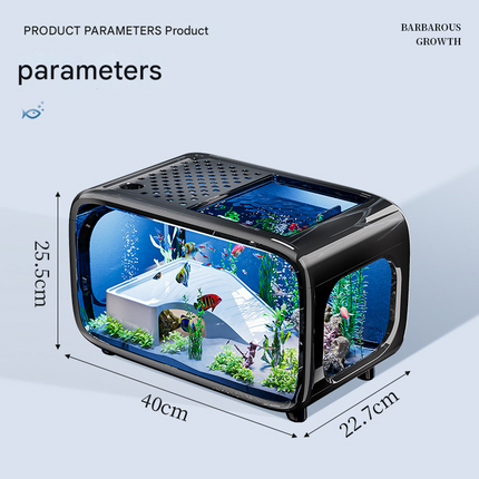 Cream color Modern Desktop Aquarium & Turtle Tank - Panoramic Viewing Fish Tank with Basking Platform & Lid.