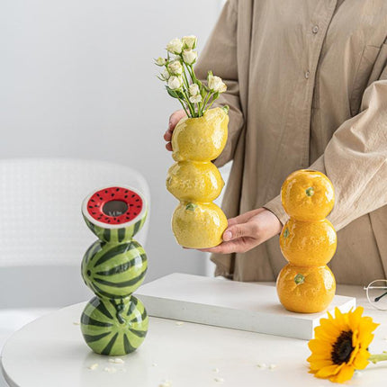 Lemon Whimsical Stacked Fruit Ceramic Vase - Nordic Style Flower Holder for Modern Home Decor.