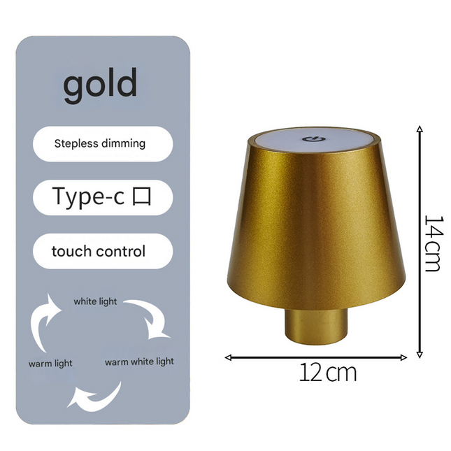 Smooth gold Cordless LED Bottle Lamp - Rechargeable Touch-Control Table Light with 3 Color Modes for Bar & Home Decor.