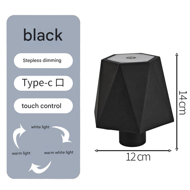 Triangular black Cordless LED Bottle Lamp - Rechargeable Touch-Control Table Light with 3 Color Modes for Bar & Home Decor.