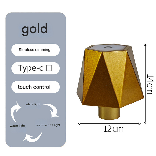 Triangular gold Cordless LED Bottle Lamp - Rechargeable Touch-Control Table Light with 3 Color Modes for Bar & Home Decor.