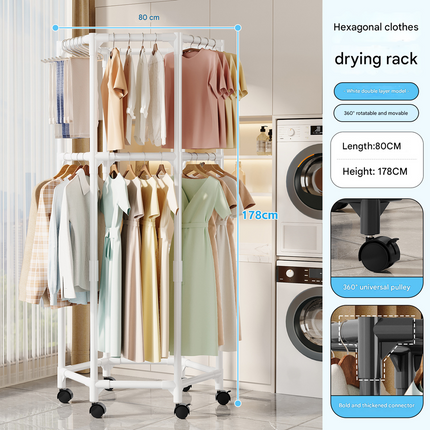 White double layer 360° Rotating Portable Garment Rack - Heavy Duty Rolling Clothes Stand with Wheels for Bedroom & Laundry.