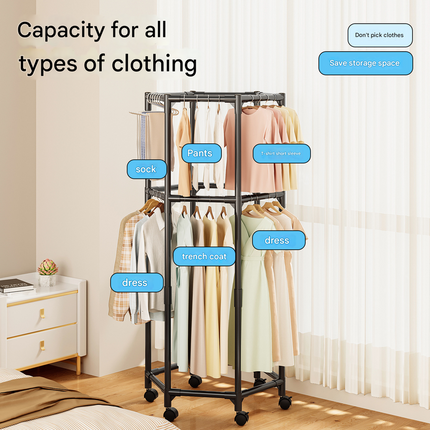 White double layer 360° Rotating Portable Garment Rack - Heavy Duty Rolling Clothes Stand with Wheels for Bedroom & Laundry.