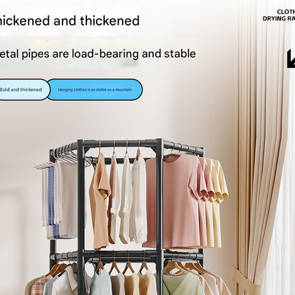 White double layer 360° Rotating Portable Garment Rack - Heavy Duty Rolling Clothes Stand with Wheels for Bedroom & Laundry.