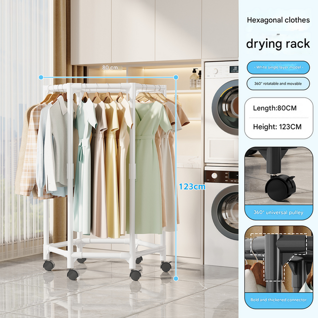 White single layer 360° Rotating Portable Garment Rack - Heavy Duty Rolling Clothes Stand with Wheels for Bedroom & Laundry.