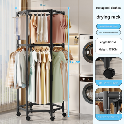 Black double layer  360° Rotating Portable Garment Rack - Heavy Duty Rolling Clothes Stand with Wheels for Bedroom & Laundry.