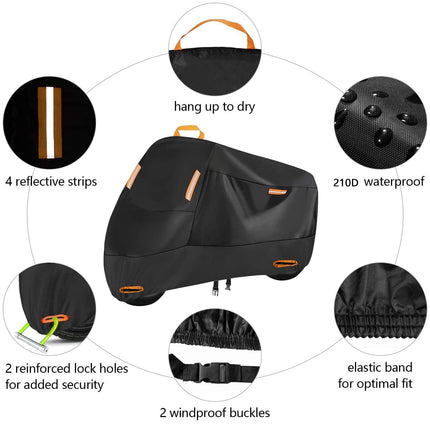 Heavy Duty 211D Waterproof Motorcycle Cover - All Season Outdoor Protection with Lock Holes & Windproof Buckles(Size: XL).
